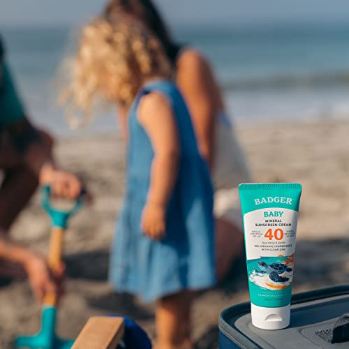 Badger Mineral Baby Sunscreen Cream SPF 40, 98% Organic Toddler Sunscreen with Zinc Oxide, Broad Spectrum, Reef Safe, Water Resistant, Pediatrician Tested Baby Sunblock, 2.9 fl oz, 2-Pack
