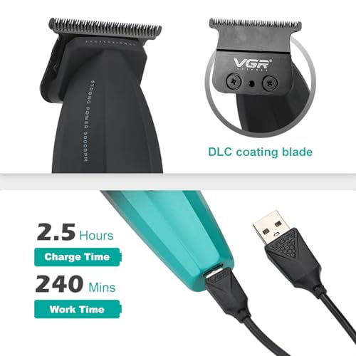 VGR 906 Fresh Fade Professional Hair Trimmer, 9000rpm Zero Gapped Beard Trimmer for Men, DLC T-Blade Cordless Hair Clipper for Barbers and USB Rechargeable, Green