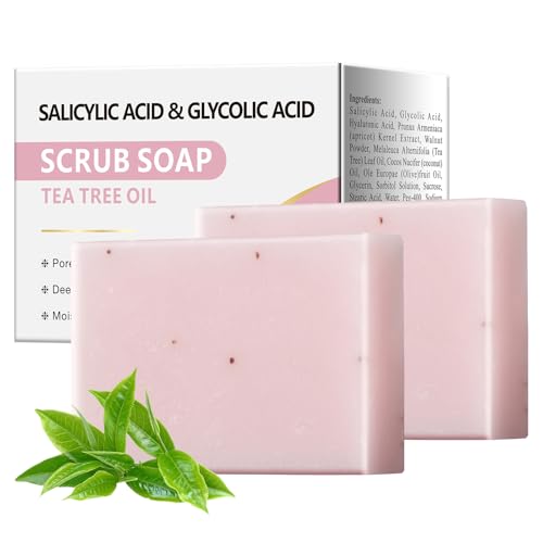 Salicylic Acid Scrub Soap, Face Bath Soap Bar with Glycolic Acid Tea Tree, Exfoliating Face Body Wash for Women & Men Anti-blemish Acne Strawberry Legs Ingrown Hair Keratosis Pilaris 200g/7OZ