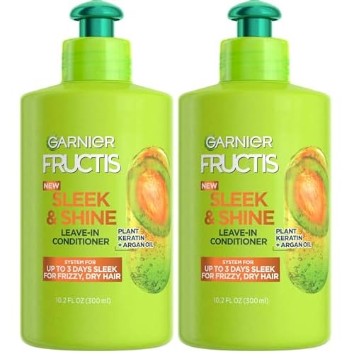 Garnier Fructis Sleek & Shine Leave-In Conditioning Cream for Frizzy, Dry Hair, Plant Keratin + Argan Oil, 10.2 Fl Oz, 1 Count (Packaging May Vary) (Pack of 2)