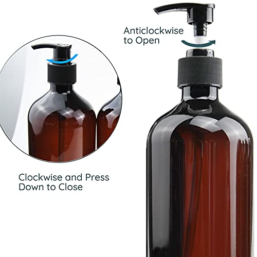 Empty Plastic Bottles with Pump Dispenser and Labels Included, Refillable Travel Containers for Hand sanitizer Shampoo Lotion, etc - No BPA/Parabenf, 500ml/16.9oz (Amber, 6 Pack)