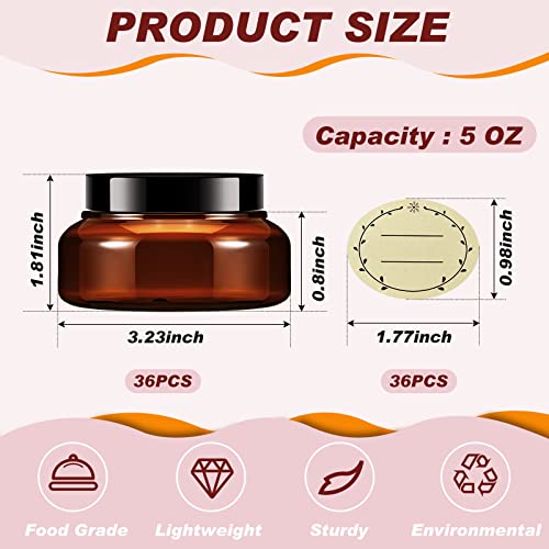 36 Pack 5 oz Round Wide-mouth Leakproof Plastic Container Jars with Lids Refillable Plastic Cosmetic Containers for Kitchen Use Lotions & Beauty Products(Amber)