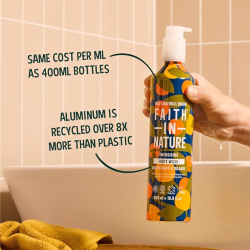 FAITH IN NATURE Natural Aluminium Bottle Body Wash - Vegan & Cruelty Free, No SLS or Parabens - 16.9 fl oz, Grapefruit & Orange