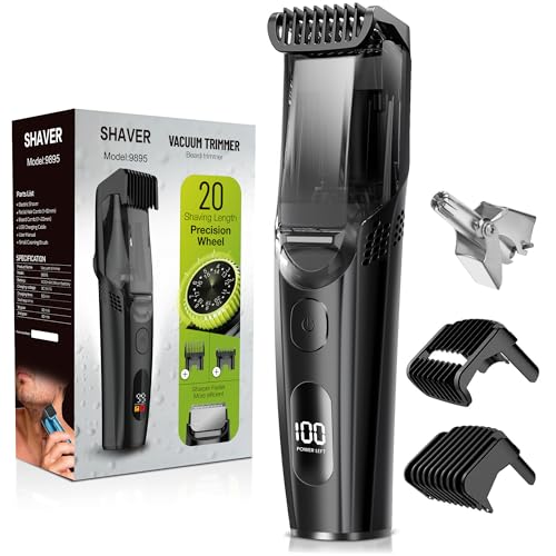 FERRISA Vacuum Beard Trimmer for Men, Rechargeable Mustache Trimmer for Men with Adjustable Length Comb, Cordless Electric Mens Beard Trimmer with Built-in Vacuum for Mustache, Sideburns (Black)