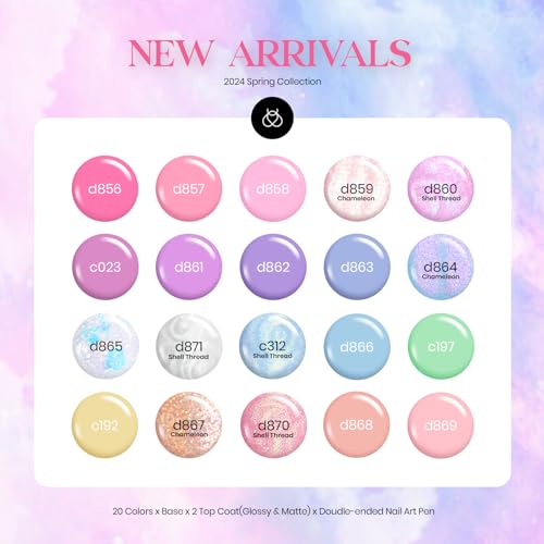 beetles Gel Polish Nail, 20 Colors Pastel Pink Blue Purple Chameleon Glitter Gel Polish and Beetles Nail Art Polish Set 6 Colors Pastel Yellow Green Nude Pink Purple Orange Gel Liner Nail Art Kit