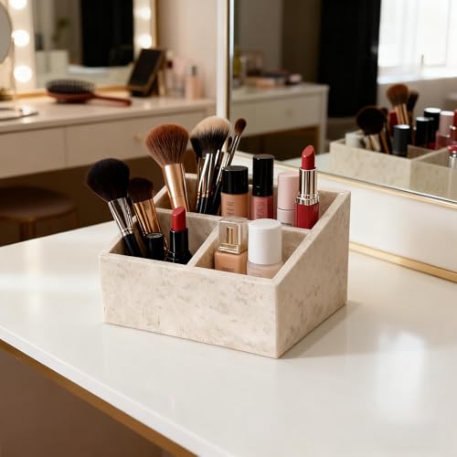 Marble Desk Organizer with 3 Compartments Perfume Organizer & Makeup Brush Holder Toothbrush Holder and Bathroom Counter Organizer White Purple Pattern Modern Design (Beige)