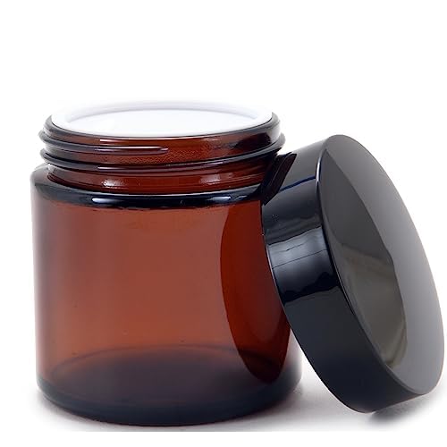 Vivaplex, 12, Amber, 4 oz, Round Glass Jars, with Inner Liners and black Lids (Pack of 2)