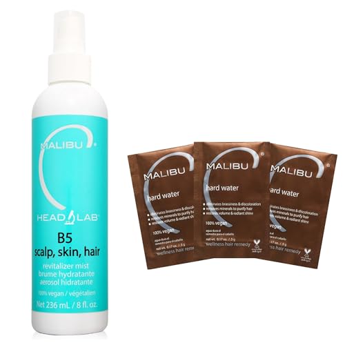 Malibu C Hard Water Wellness Hair Remedy (3 Packets) + B5 Scalp Revitalizer Mist (8 oz) - Remove Impurities & Restore Moisture - Protects and Soothes Sensitive Scalp with Vitamin C & Allatonin