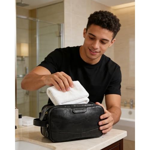 BAGSMART Large Toiletry Bag for Men, High-gloss PU Leather Travel Bag for Toiletries, Dopp Kit Water Resistant Shaving Bag for Bathroom Shower-Black