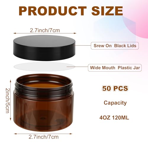 JMIATRY 50Packs 4OZ Plastic Amber Jars with Lids Refillable Ambers Plastic Jar 120ML/4 Ounce Empty Amber Plastics Containers for Cream, Cosmetic, Body Butter, Lotion