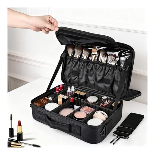 Greenfeather Travel Makeup Bag, Professional Cosmetic Train Case Organizer, Portable Travel Cosmetic Brush Bag Holder Makeup Artist Storage Box with Adjustable Dividers and Shoulder Strap, Black