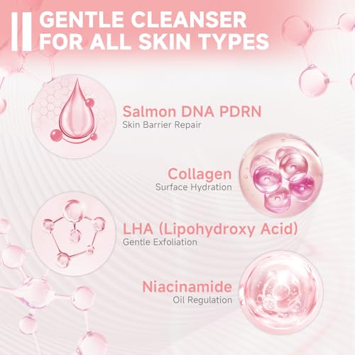 Salmon DNA PDRN Facial Cleanser | Low pH Hydrating Daily Foaming Face Wash with Soft Massage Heads | PDRN, Collagen & LHA | Gentle Pore Care & Radiant, Balanced-Looking Skin | 4.23 oz