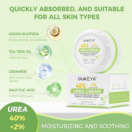 OUKEYA 40 Percent Urea Foot Cream,with Salicylic Acid,Tea Tree Oi & Ceramides,Cracked Heel Smooth | Dry Skin Exfoliator | Nourishes | For Foot,Hands, Elbows, Knees 5.29 Oz