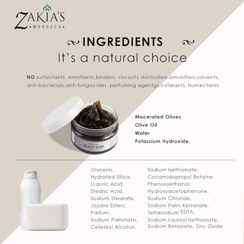 Zakia's Morocco Black Soap (Beldi Soap) Original - 100% natural Moroccan Black Soap, Body Scrub, Pure & Natural, Purifying, Cleansing, exfoliating for Hammam Ritual- 8.0 Oz / 226gr