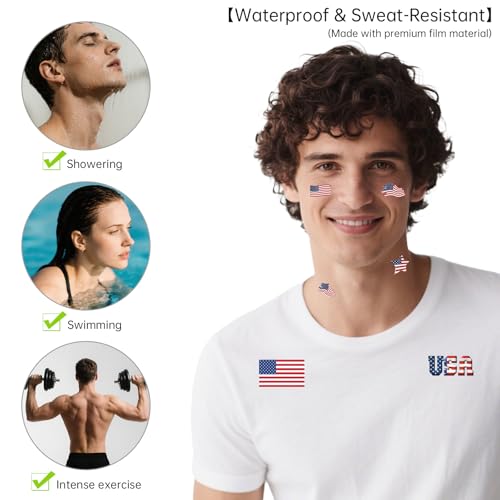 190 pcs (30 sheets) American Flag Tattoos, VEINARDYL Waterproof Sweat USA Temporary Tattoo, Sports National Flag Removable Face Tattoo Stickers for Men Women