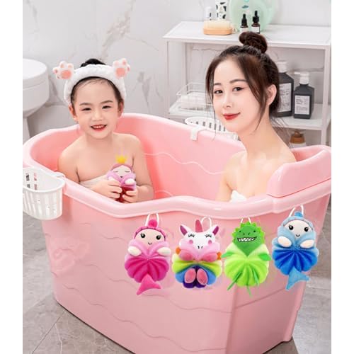 MURRI&MURRDI 4 Pack Kids Bath Sponges - Cute Animal Shower Pouf Set, Gentle Exfoliating Body Scrubber for Toddlers, Cartoon Mesh Loofah Gift for Boys & Girls
