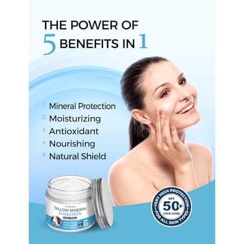 Organic Beef Tallow Sunscreen-SPF 50 with Zinc Oxide,Non-Toxic 2-in-1 Moisturizer & Mineral Sunblock | Reef Safe, Chemical-Free,Lightweight, Clean Formula for Sensitive Skin Natural Sunscreen.