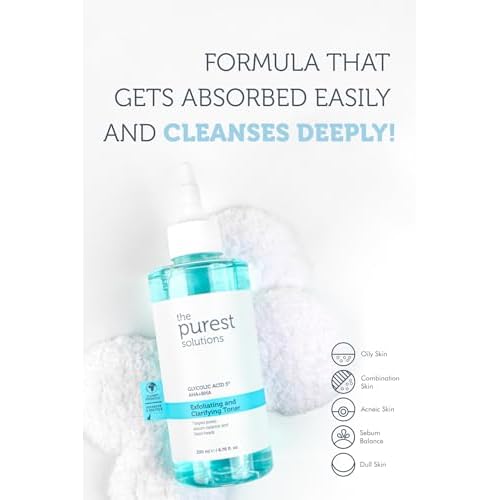 The Purest Solutions Exfoliating and Clarifying Toner (Glycolic Acid 5% AHA + BHA) - for All Skin Types - Balance Sebum Secretion - Reduce Pores Appearance - Vegan | Cruelty Free (6.76 fl. oz)
