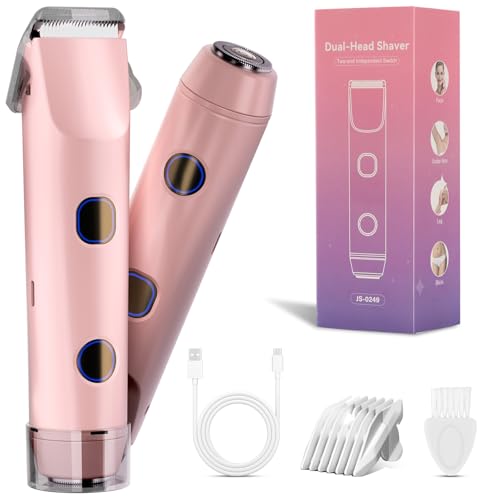 2-in-1 Bikini Trimmer for Women, Bikini Shaver with Dual Heads, Body and Facial Hair Removal, Cordless Rechargeable Electric Razors for Face Chin Pubic Underarm Legs, IPX7 Waterproof, Pink