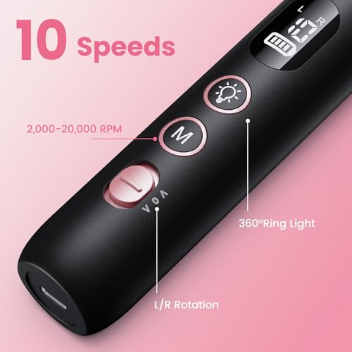 Nail Drill Kit,Black Cordless Electric Nail File with 10 Speed,10 Bits and LED Light,for Acrylic Nails,Gel Polish Removal and Thick Toenails,Easy for Beginners