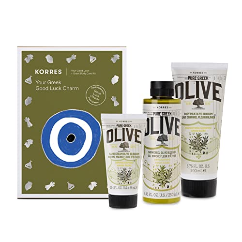 KORRES Body Care Collection, Pure Greek Olive Oil Shower Gel, Body Lotion and Hand Cream Moisturizer for Dry Skin, Moisturizing and Hydrating for Smooth, Supple Skin, Olive Blossom, 3 Piece Gift Set