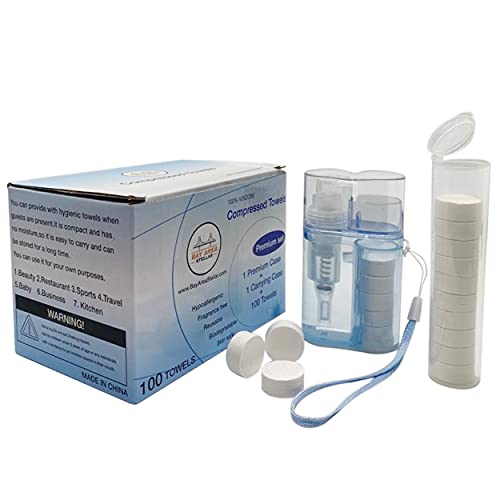 Compressed Towel Tablets 100PCS with Water Carrying Case for Outdoor, Traveling, Camping, Sports, Baby, Home