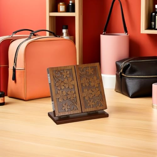 VALICLUD Wood Carve Pattern Folding Three-Sided Makeup Mirror with Stable Base 7.08X6.88X3.93 Inch Desktop Vanity Mirror for Home Use