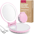 Compact Makeup Mirror with Lights Travel Vanity Mirror with Lights Small Compact Mirror 2x/10x Magnification & LED Lighted, Magnifying Mirror Portable Adjustable Rechargeable, Pink