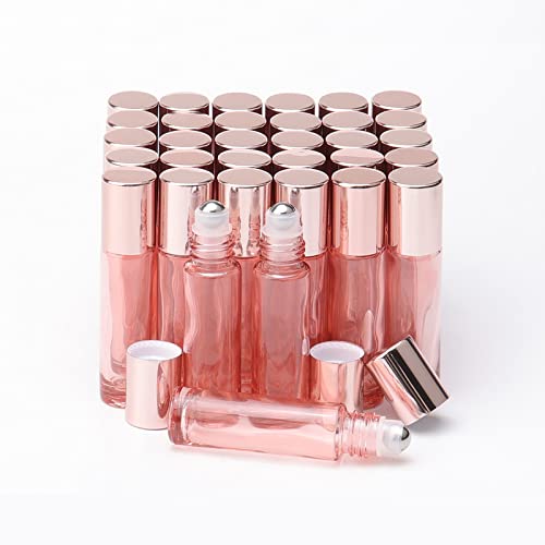 JIUWU 33Pcs Glass Roll on Bottles, 10ml Bright Rose Gold Roller Bottles Vials for Perfumes Aromatherapy Essential Oils Lip Balm Liquid, Accessories include
