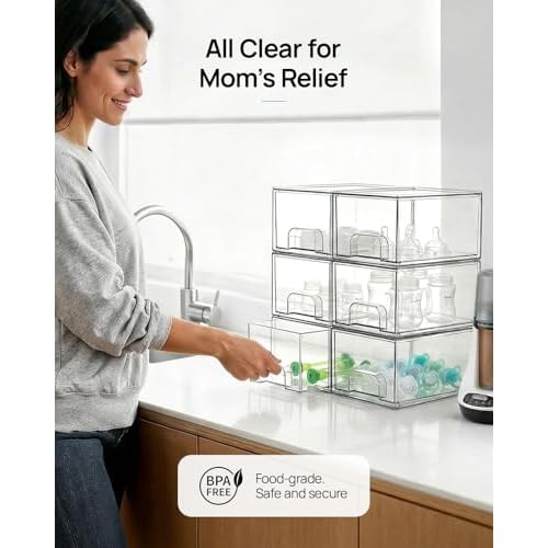 Vtopmart 4 Pack Small Clear Stackable Storage Drawers,Acrylic Bathroom Makeup Organizer,Plastic Storage Bins For Vanity, Undersink, Kitchen Cabinets, Pantry, Home Organization