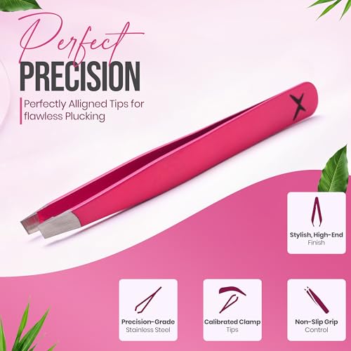 Slanted Stainless Steel Tweezers for Men & Women - Precision Eyebrow Tweezers for Facial Hairs, Strong Grip, Fine Tip, Professional Tweezer for Plucking & Grooming (Neon Pink)