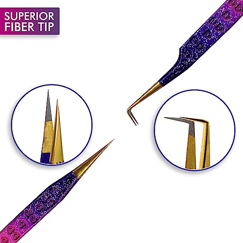 Precision Eyelash Extension Tweezers,Straight And 90-Degree, with Fiber Tip, Volume & Isolation Tweezers, Japanese Stainless Steel, Unique Heart Design (Multi-Color)
