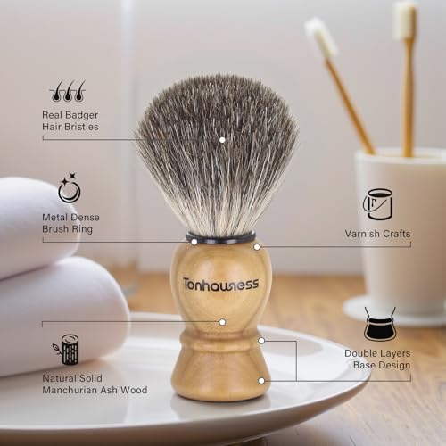 Shaving Brush Kit For Men, 4 In 1 Shaving Brushes Set Includes Badger Hair Shaving Brush, Wood Bowl, Stainless Steel Shaving Stand and Goat Milk Shaving Soap