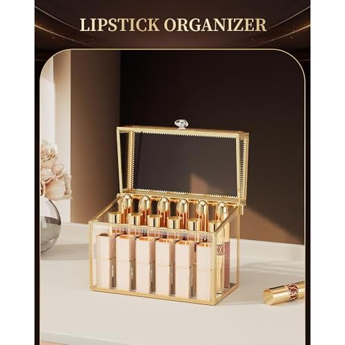 Lipstick Organizer,Luxury Tempered Glass Lipstick Holder & Nail Polish Organizer, 18-Slot Vanity Cosmetic Organizer with Removable Dividers, Gold