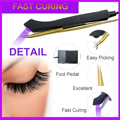 Uv Lash Lamp with Foot Pedal Portable Eyelash Extension Lamp Uv Eyelash Extension Curing Lamp for Nails Art, Uv Lash Light for Eyelash Extension Light with Tweezers for Beauty Salon