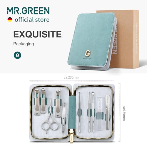 MR.GREEN Fashion Imprint Manicure Sets Professional Nail Clipper Set Personal Care Tool Kits Nial Cutter Gift With Leather Case (Green(10Pcs Set))