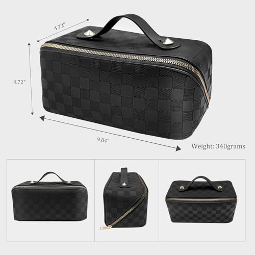 Travel Makeup Bag, Large Capacity Cosmetic Bags for Women, Waterproof Portable Pouch Open Flat Toiletry Bag Make up Organizer with Divider and Handle, Black
