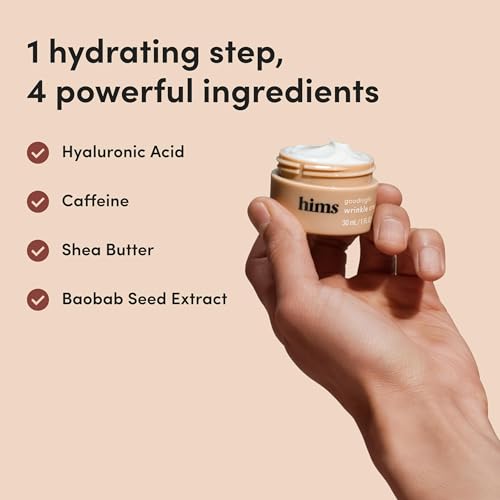 hims goodnight wrinkle cream for men - fine lines, puffiness, dark eye circles - caffeine, hyaluronic acid, night cream, almond scent - vegan, cruelty-free, no parabens - (1oz)