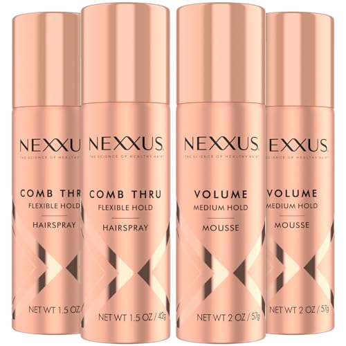 Nexxus Travel Styling Bundle ? Comb Thru Flexible Hairspray (1.5 Oz) 2-Pack + Volume Medium Mousse (2 Oz) 2-Pack, Anti-Humidity, Frizz Control, Rose Fragrance