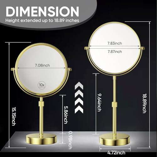 Nicesail Height Adjustable 15~19¡± Tall Table Mirror, 1X 10X Magnifying Mirror Double Sided for Makeup&Shaving, Desk Vanity Mirror Tabletop 360 Rotation of 8¡± Face, Bathroom Shiny Gold Makeup Mirror