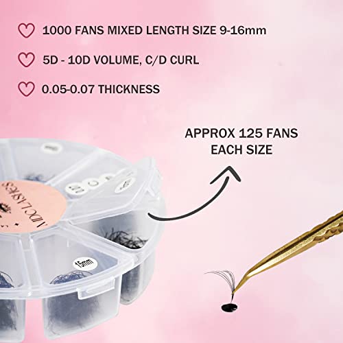 Promade Eyelash Fans Mix Length 1000 Volume Lash Extensions 8D-16D, C D Curl, 9-16mm Length, 0.05-0.07 Short Stem Promade Premade Pre Pro Loose Fans Eyelash Extension, Easy Application