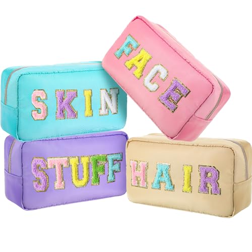 Remerry 4 Pcs Makeup Bag Travel Cosmetic Bag Organization Chenille Letter Toiletries Stuff Pouch Preppy Waterproof Gift for Women Girl Teen (Colorful,Face Skin Hair Stuff)