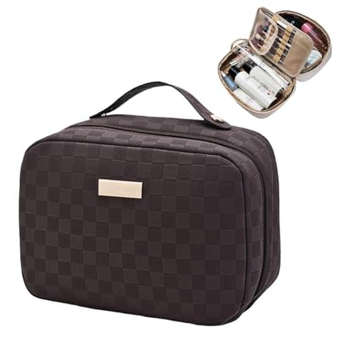 YDR Large Makeup Organizer with Brush Holder, Structured Cosmetic Bag for Daily Makeup & Skincare Storage, Multi-Compartment Vanity Case with PVC Pocket