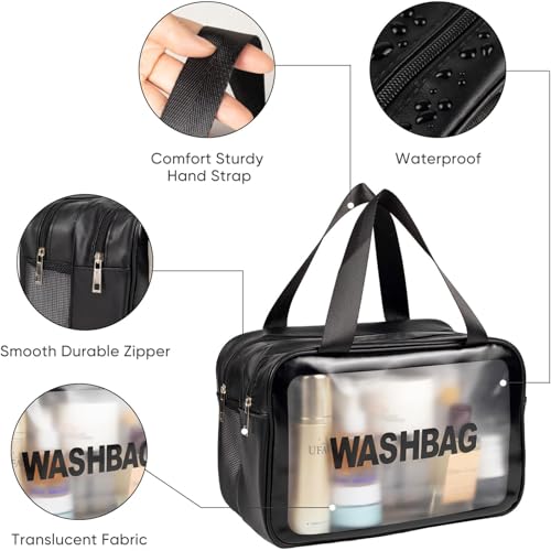 Travel Toiletry Bag for Women, Matte Translucent with Handy Handle, Makeup Cosmetic Organizer Bag for Travel Toiletries Accessories (Black Bag)