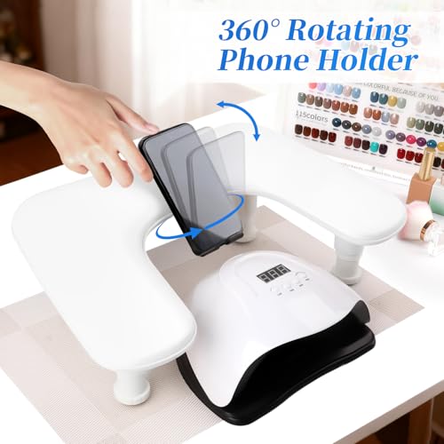 Big Adjustable Nail Arm Rest for Nails Tech with Rotating Phone Holder, U-Shaped Manicure Hand Rest, PU Leather Hand Stand with Pad for Nail Salon, Nail Tech, and DIY(White)