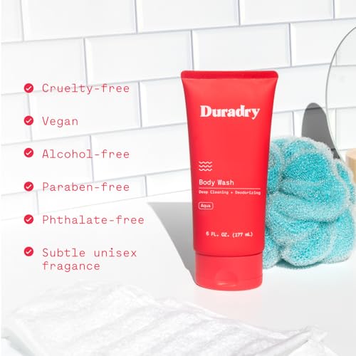 Duradry Deodorizing Body Wash for Women and Men - Odor control, Deep Cleansing, Nourishes, and Moisturizes Skin, Made with Natural Ingredients - Aqua Fragrance, 6 Fl Oz