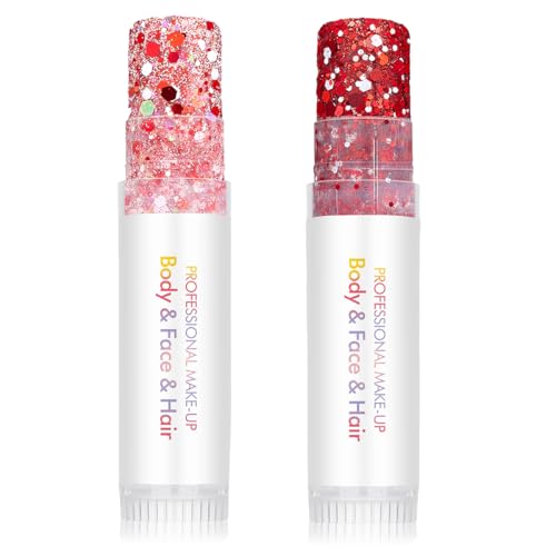 Body Glitter Stick for Face, Body & Hair - Red & Pink Chunky Sparkle Glitter, 2 Pack | Long Lasting Party Makeup for Festival, Rave, Concert & Cosplay