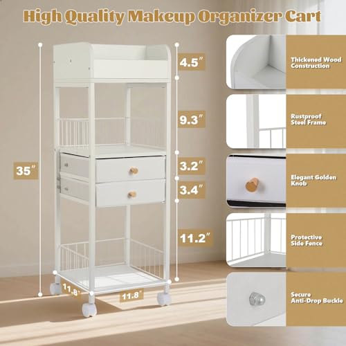 Makeup Organizer Storage Cart, Rolling Floor Skincare Organizer with 2 Drawers, Makeup Vanity Organizer Cosmetics Display Cases Holder for Skin Care, Perfume, Makeup Brush, Nail Polish, Hair Tools