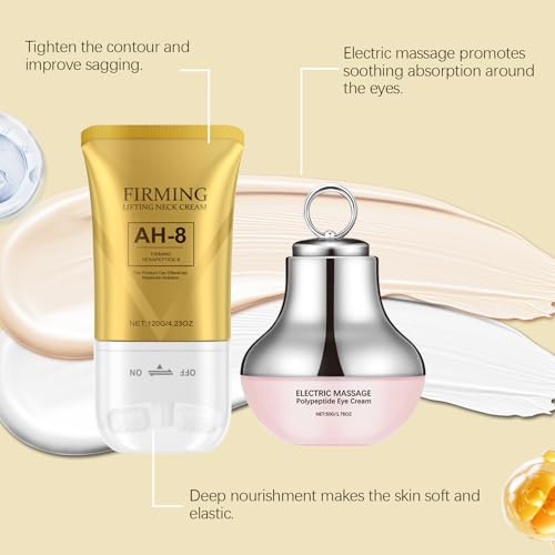 AH-8 Neck and Eye Cream Set with Electric Massage Tightening, Anti-Wrinkle Treatment with Red Light, Deep Moisturizer Bundle Care (neck cream neck tap and eye cream eye tap)