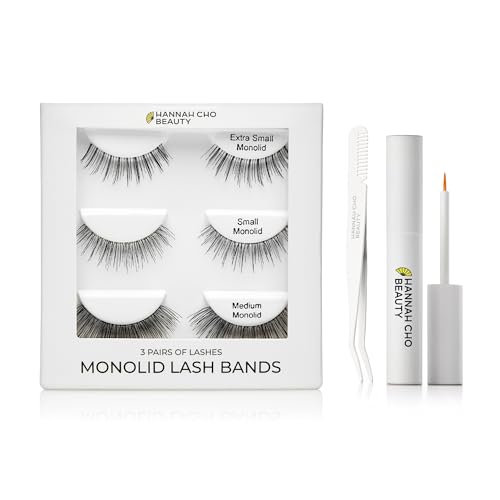 Best False Lashes for Monolids Starter Kit - Natural Strip Lashes, Smaller Sizes, Eyelid Lifting for Heavy Eyelids - 3 Pairs of Lashes, Lash Applicator, and Lash Adhesive - Hannah Cho Beauty